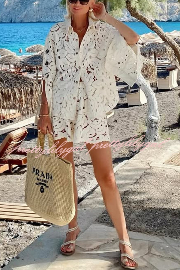 Always Favourite Lace Hollow Tie-up Slit Long Sleeve Shirt and Elastic Waist Shorts Set