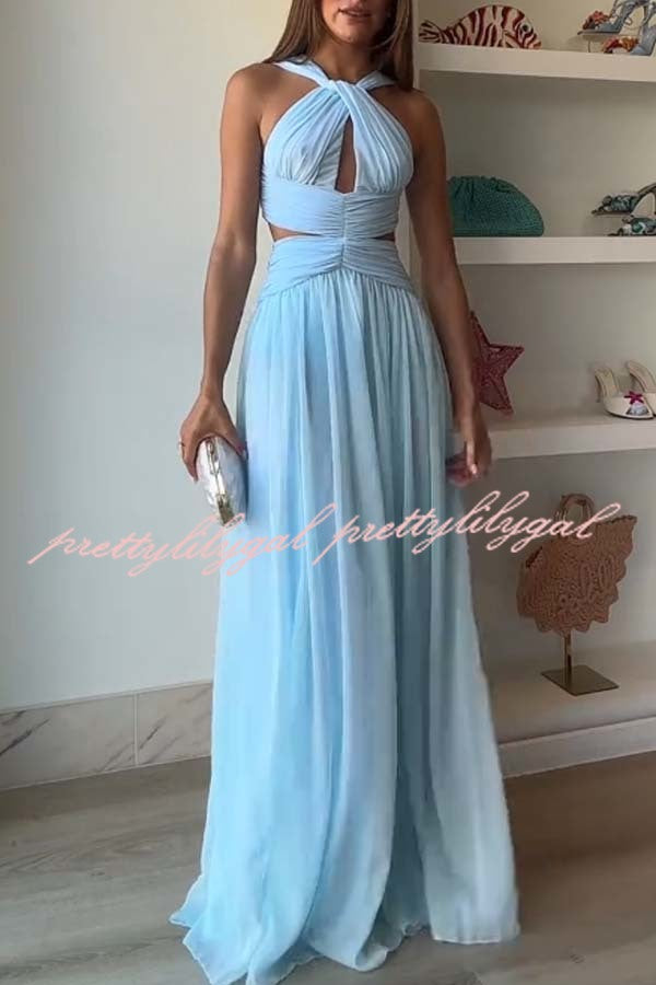 Graceful Modern Chiffon Twist Halter Neck Cutout Pleated Maxi Dress