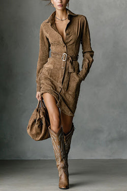 Fashion Suede Long Sleeve Waist Belt Pocket Slim Fit Mini Dress