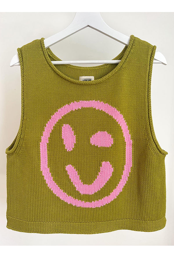 Always Happy Face Knit Unique Pattern Versatile Loose Tank Top