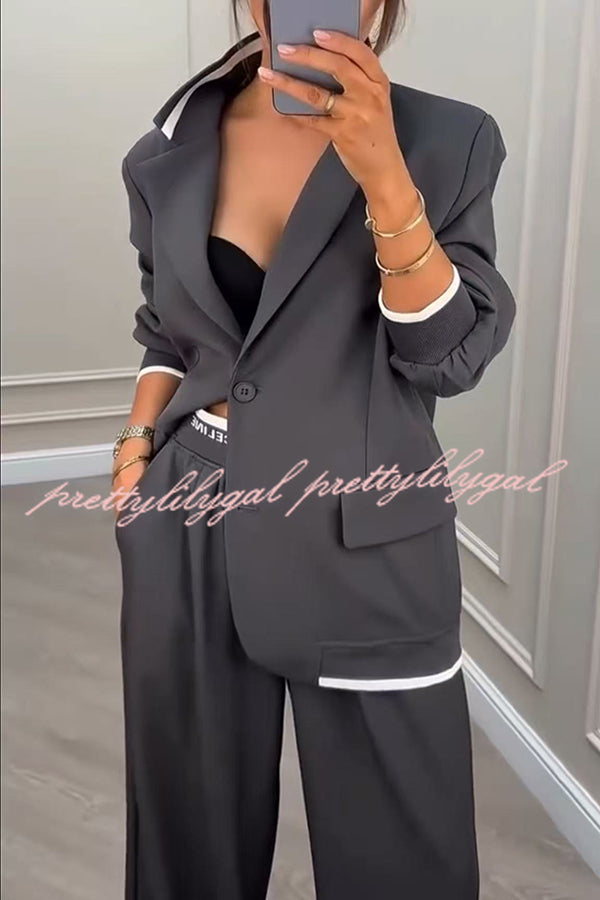 Fashion Sports Style Ribbed Colorblock Lapel Blazer and Elastic Waist Pocket Loose Pants Set