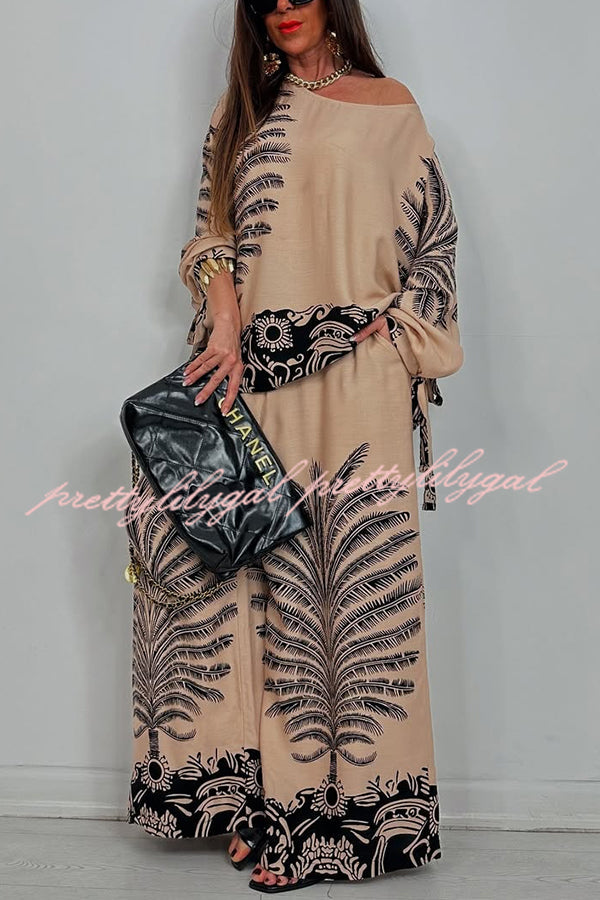 Unique Print Loose Drawstring Long Sleeve Top and Elastic Waist Casual Pocket Wide Leg Pants Set