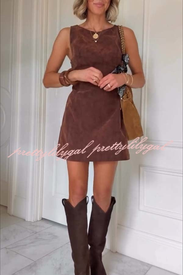 Atlas Faux Suede Open Back Button Accents Zipper Mini Dress