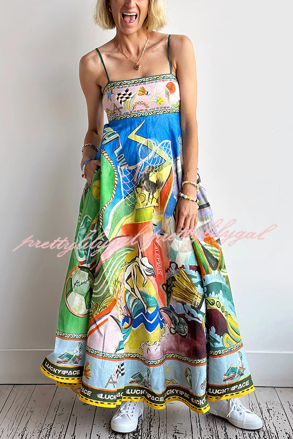 Linen Blend Unique Print Suspenders Back Pleated Pocket Resort Style Maxi Dress