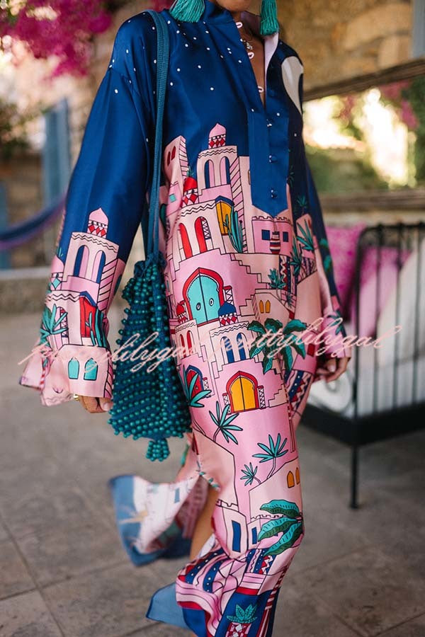 Seaside Stroll Satin Unique Print Button Up Long Sleeve Slit Kaftan Midi Dress