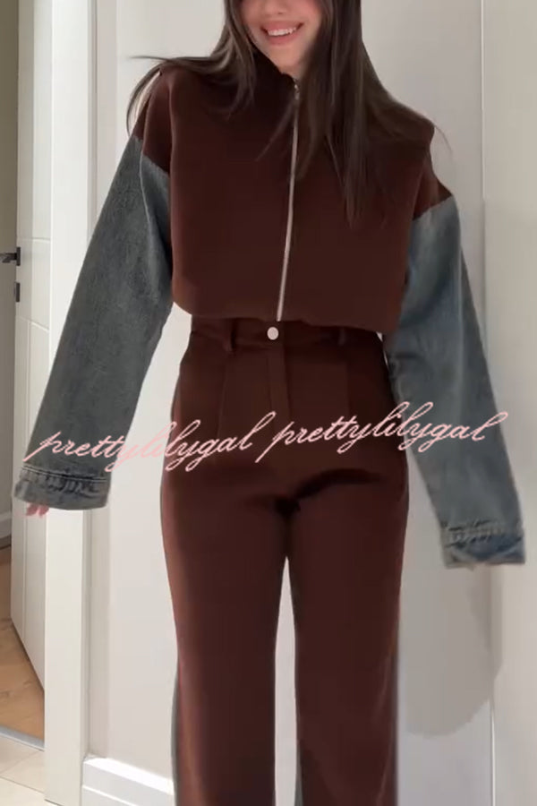 Sports Fashion Denim Patchwork Sweatshirt Fabric High Rise Pocket Loose Pants