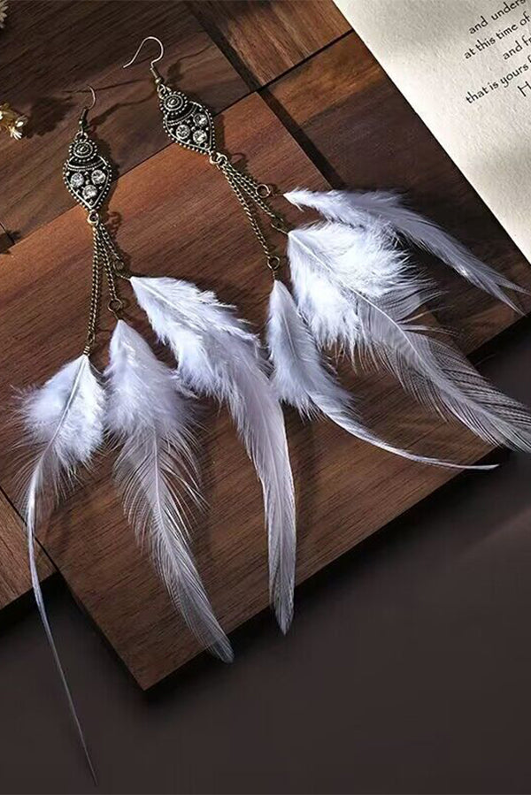 Vintage chain tassel bohemian feather earrings