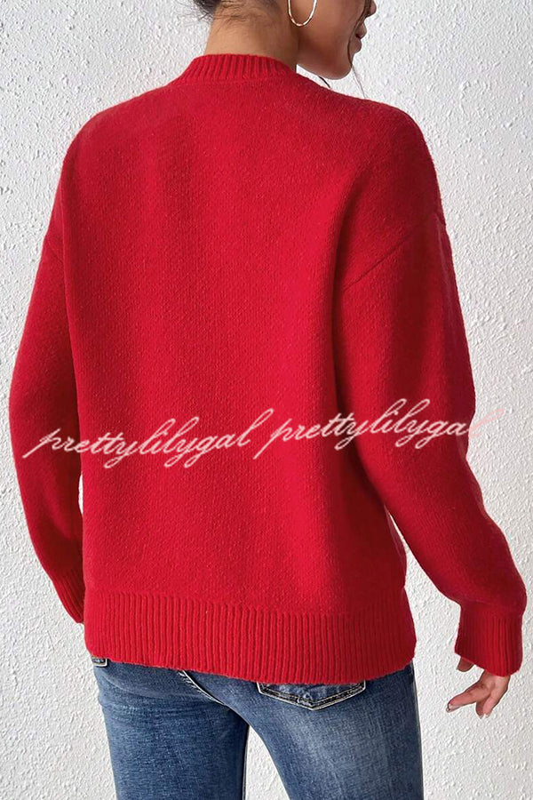 Love Jacquard Loose Cute Bowknitted Long Sleeve Sweater