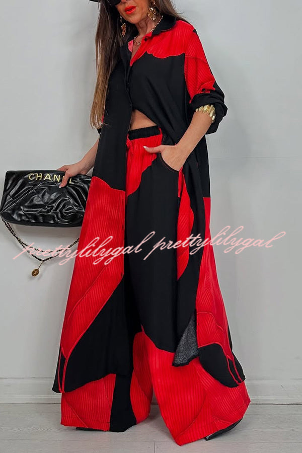 Unique Printed Casual Loose Long Shirt and Elastic Waist Pocket Wide Leg Pants Set
