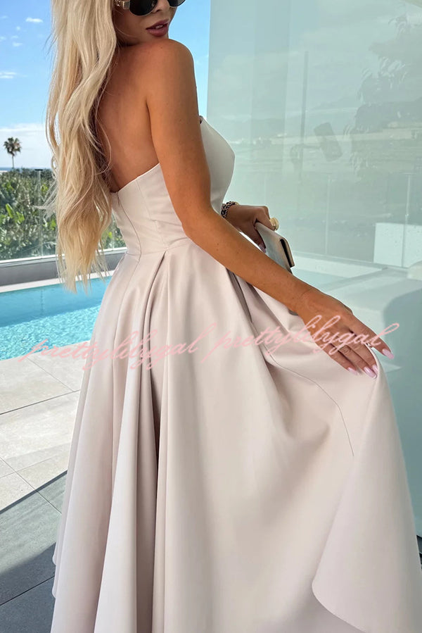 Sweet Cascade Solid Color Off Shoulder Pocket Full Hem Midi Dress