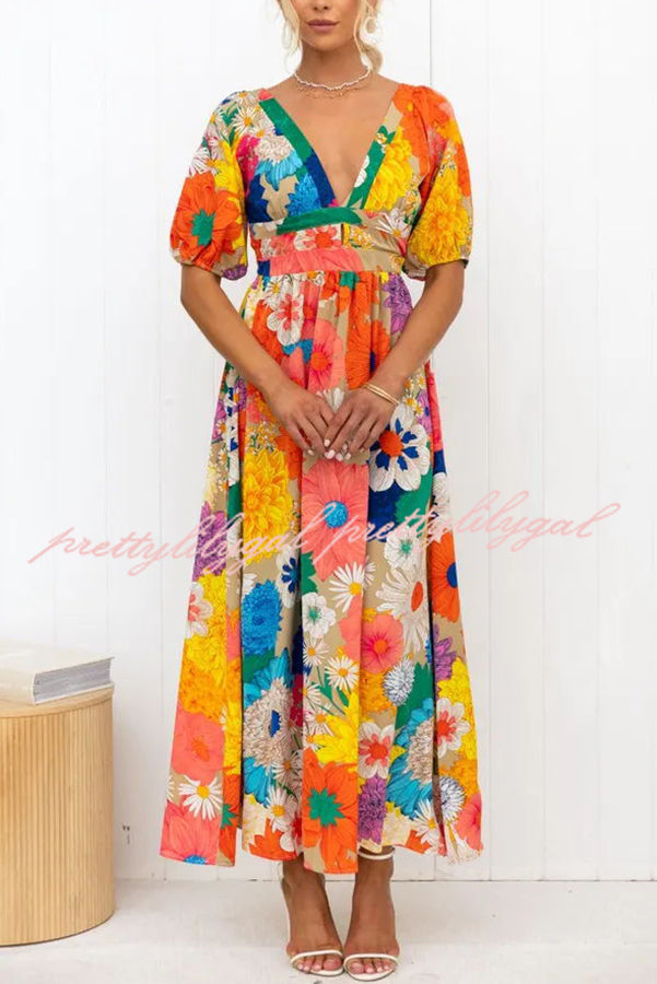 Floral Frenzy Printed Puff Sleeve Back Smocked Maxi Dress