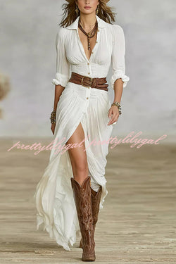Fashion Lapel Single-breasted Waist Shirt-style Maxi Dress