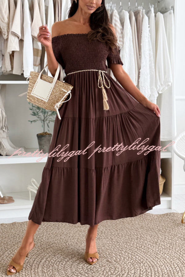 Solid Color Off-the-shoulder Pleated Waist Midi Dress