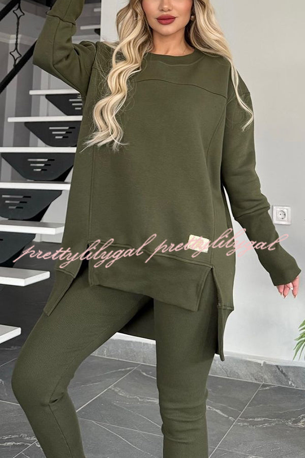 Solid Color Crew Neck Long Sleeve Top and Casual Stretch Pants Set