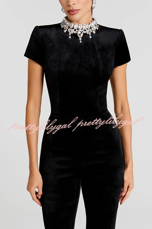 Lucia Luxurious Velvet Jewel-encrusted Turtleneck Short Sleeve Flare Stretch Jumpsuit