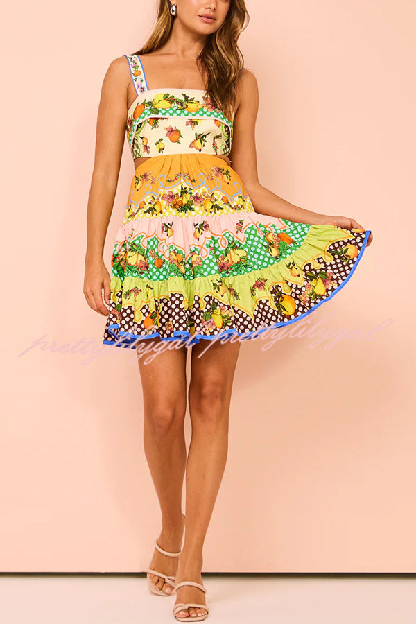 Sweet and Sour Summer Multicolor Lemon Print Pleated Hem Mini Dress