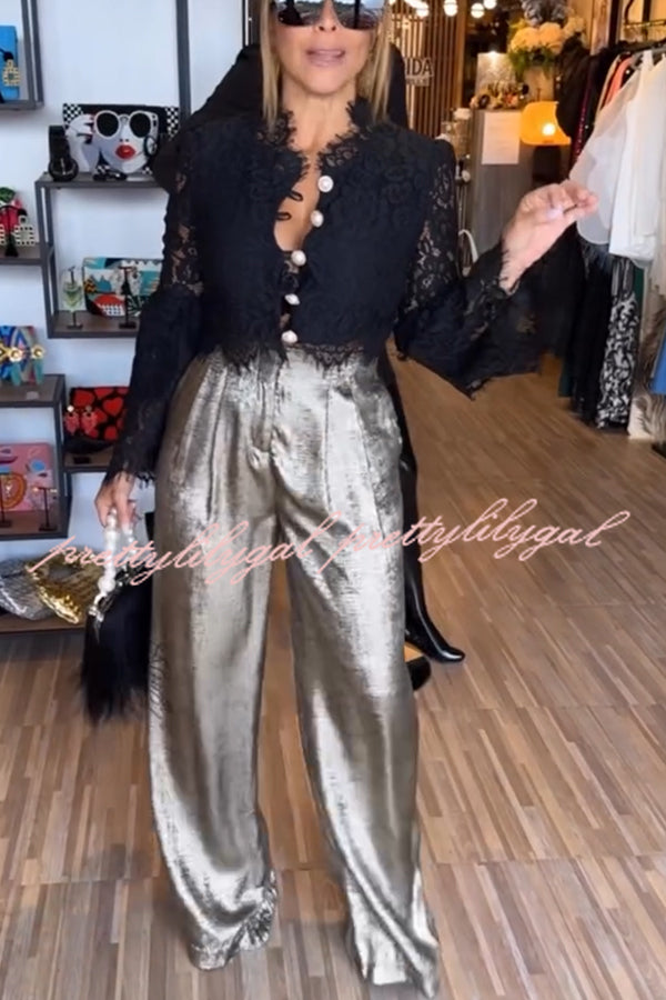 Alexia Metallic Fabric Back Elastic Waist Pocketed Wide Leg Pants