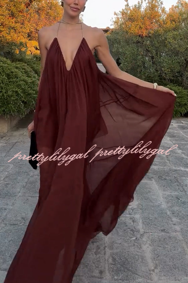 Flowing Lightweight Chiffon Chain Halter Neck Detail Backless A-line Maxi Dress