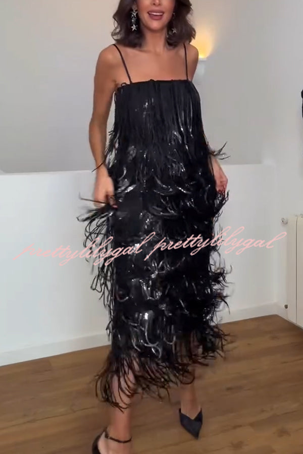 Chic Celebration Layered Sequined Tassels Slip Strapless H-line Midi Dress