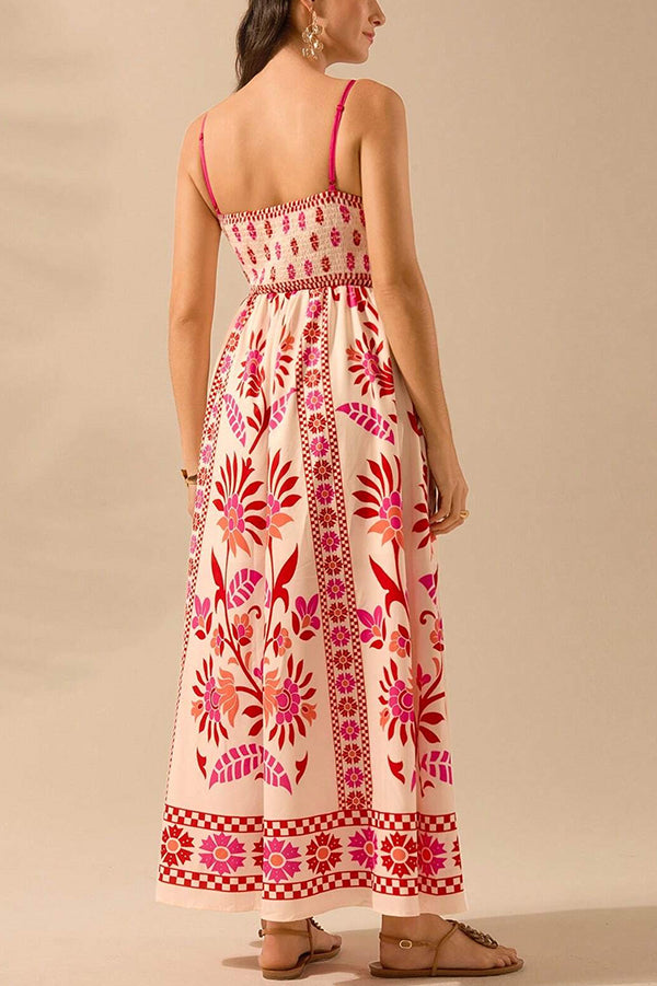 Unique Printed Sling Back Pleated Loose Holiday Maxi Dress