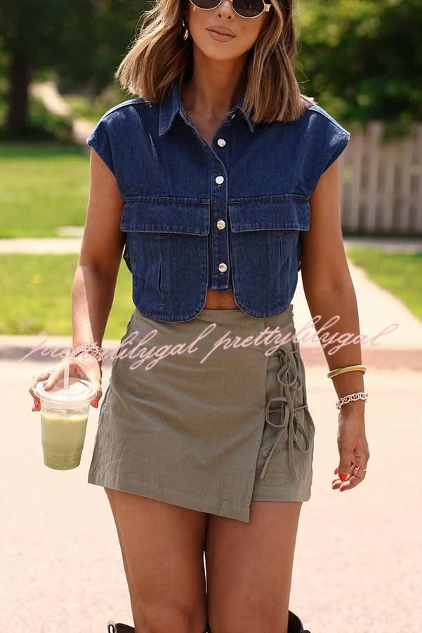 Stylish Weekend Denim Button Up Cape Sleeve Pocket Crop Top