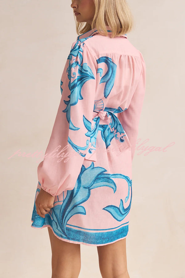 Botanical Print Lapel Puff Sleeve Vintage Belt Loose Mini Dress