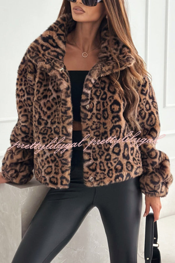 Stylish Leopard Print Lapel Long Sleeve Short Coat