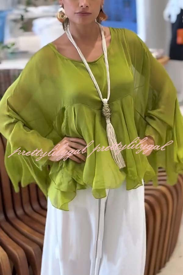 Romantic Journey Chiffon Ruffle Batwing Sleeve Top and Elastic Waist Pocket Loose Pants Set