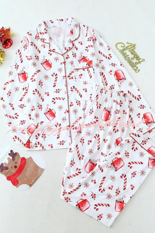 Christmas Candy and Drink Printed Long-sleeved Shirt and Elastic Waist Pocket Pants Set