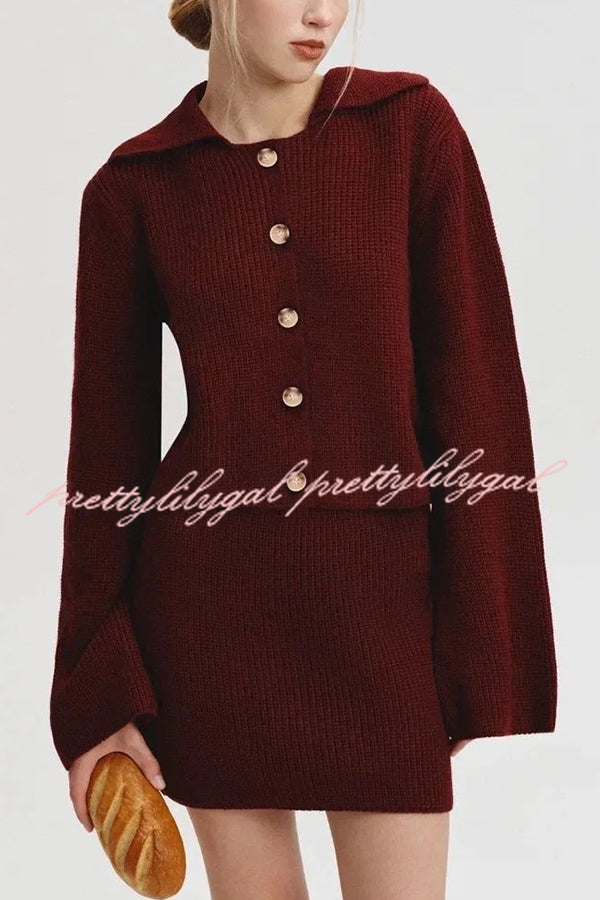Fashion Lapel Bell Sleeve Knitted Cardigan and Casual Mini Skirt Set