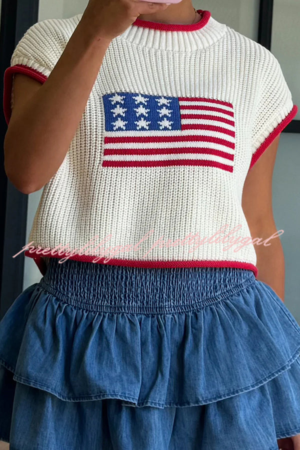Independence Day Casual Crew Neck Short Sleeve Knit Sweater
