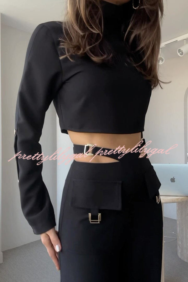 Leia High Neck Button Bell Sleeve Top and Cutout Waist Metal Pocketed Flare Pants Set