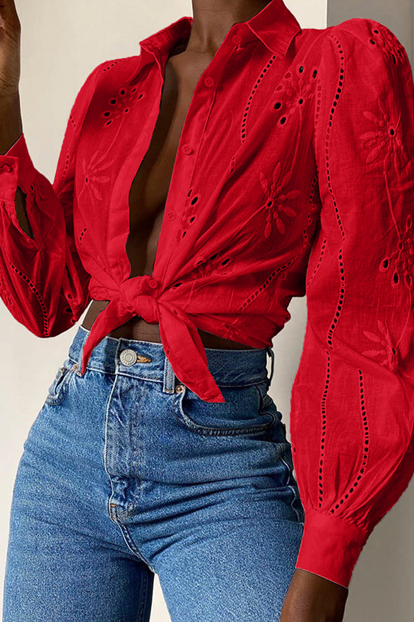 Fashion Hollow Puff Sleeve Casual Lapel Loose Shirt