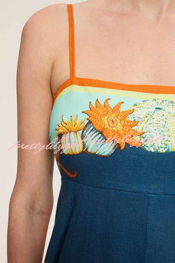 Linen Blend Unique Print Suspenders Back Pleated Pocket Resort Style Maxi Dress
