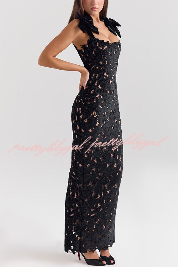 Holiday Intimacy Embroidered Floral Lace Bow Shoulder Straps Slit Maxi Dress