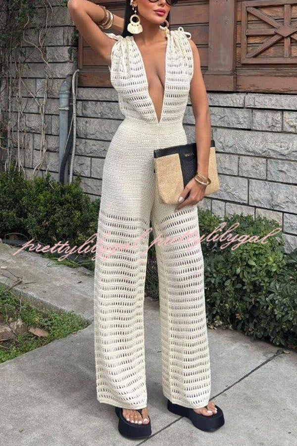 Solid Color Knitted V-neck Holiday Hollow Casual Jumpsuit
