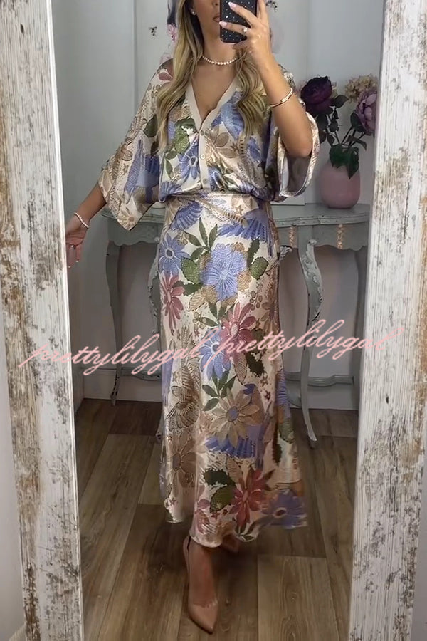 Satin Floral Print V-neck Half-sleeve Loose Top and Elegant Maxi Skirt Set