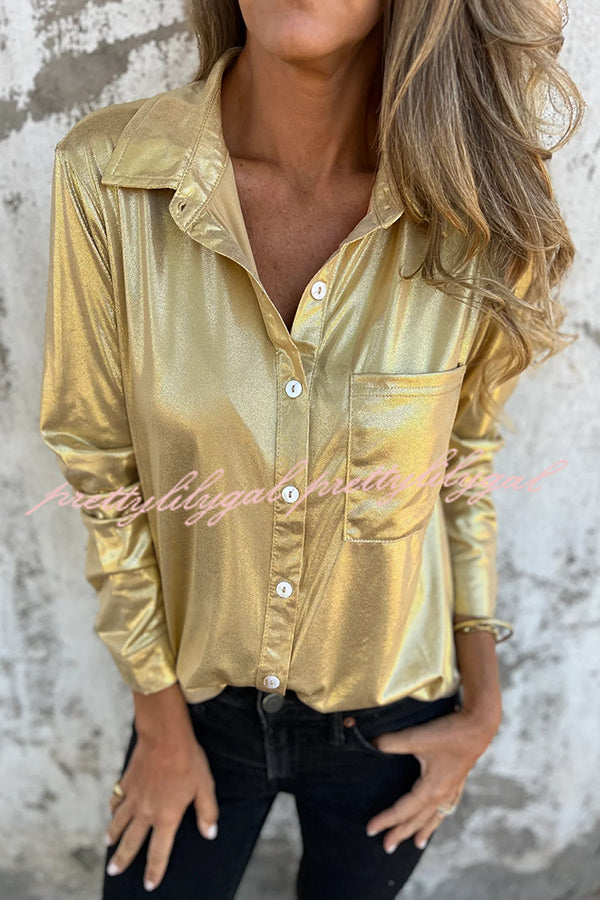 Holiday Look Solid Metallic Loose Pocket Button-down Blouse