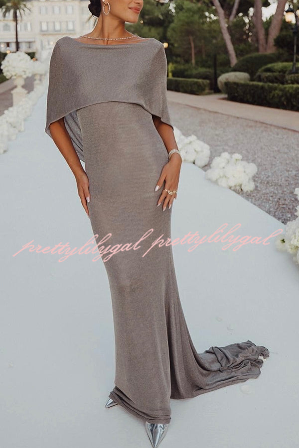 Fit and Elegance Fine Shimmering Fabric Open Cowl Back Draped Neckline Maxi Dress