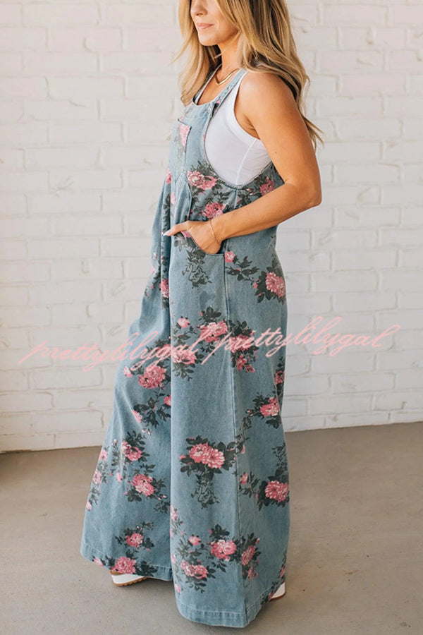 Fashion Floral Print Casual Button Pocket Loose Denim Overalls