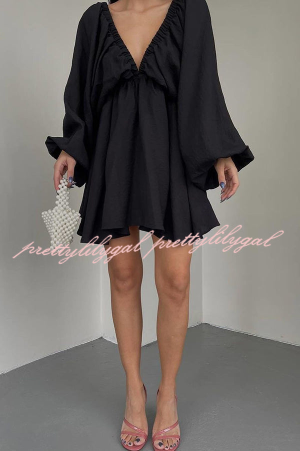 V Neck Puff Sleeve Solid Color Resort Style Mini Dress