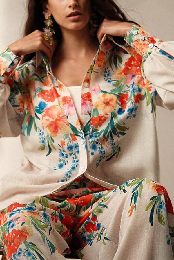 Floral Print Lapel Long Sleeve Shirt and Elastic Waist Pocket Casual Wide Leg Pants Set