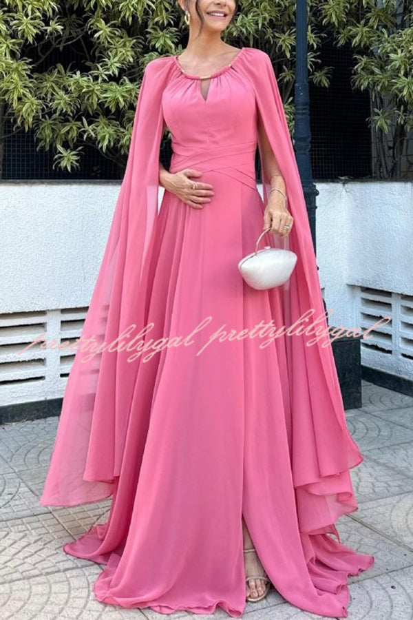 Party Crasher Metal Ring Cutout Neck Cape Slit Maxi Dress