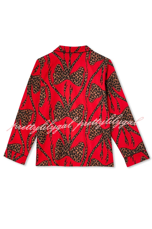 Stylish Colorblock Leopard Print Loose Shirt and Elastic Waist Pocketed Pajama Set