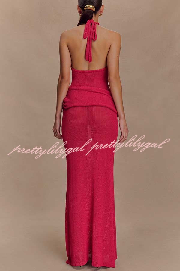 Quiet Confidence Knit Ruched Hip Halter Backless Stretch Maxi Dress