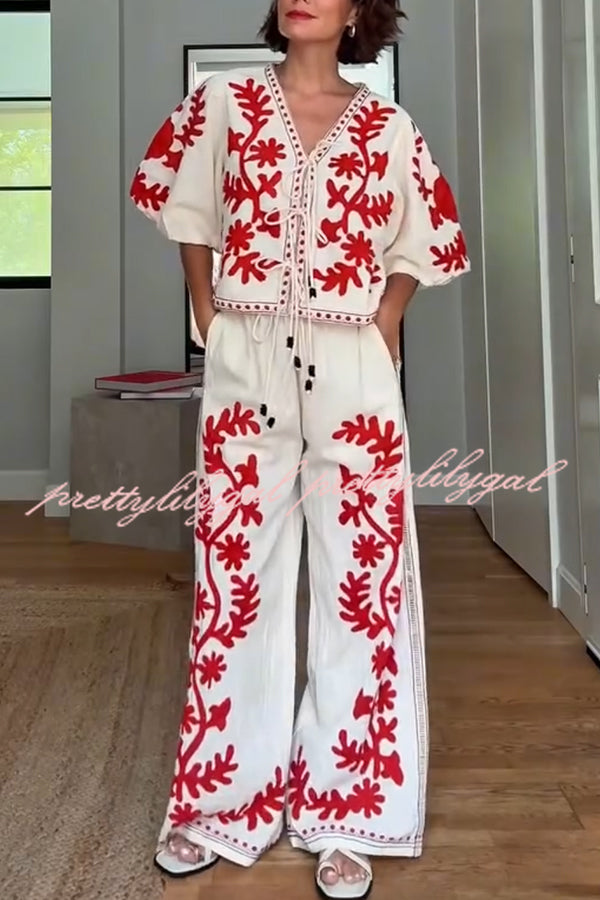 Till Sunset Linen Blend Unique Print Elastic Waist Pocket Wide Leg Pants