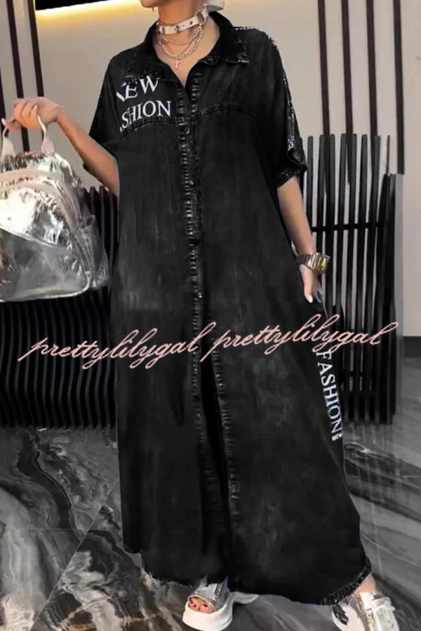Fashion Letter Print Lapel Cardigan Loose Maxi Dress