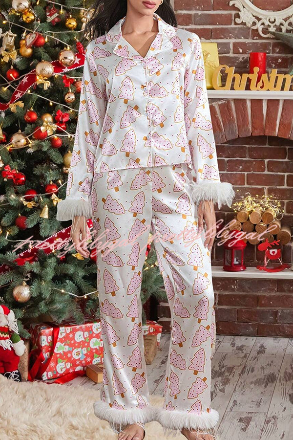 Christmas Print Feather Trim Elastic Waist Pocket Pajama Set