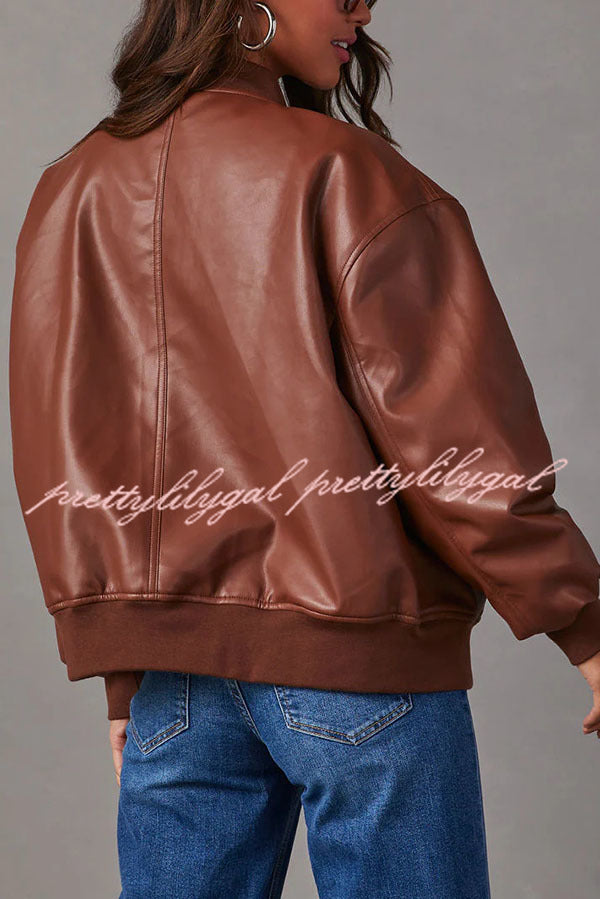 Solid Color Long Sleeve Loose Pocket Leather Jacket