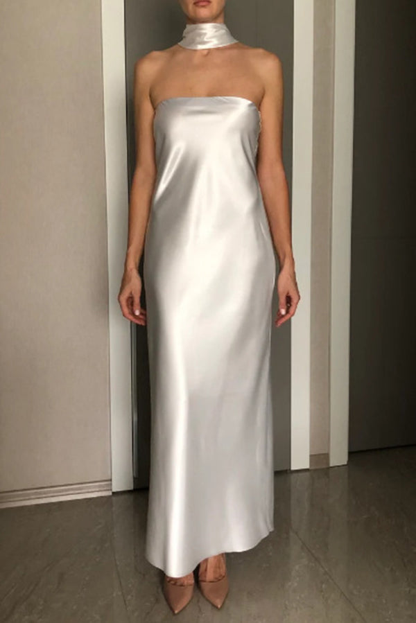 Satin Solid Color Elegant Strapless Slim Maxi Dress